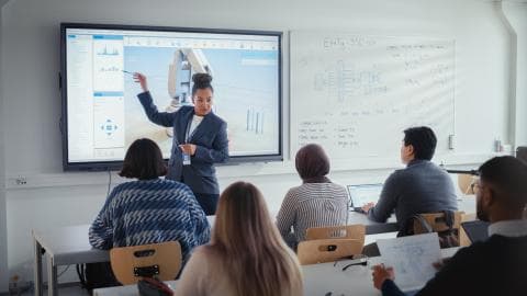 Teacher in front of a classroom full of students 