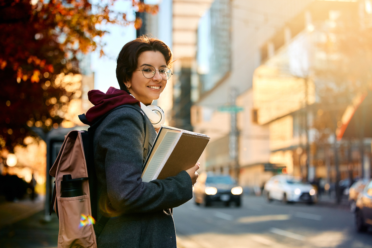 Smiling student, in Canadian city