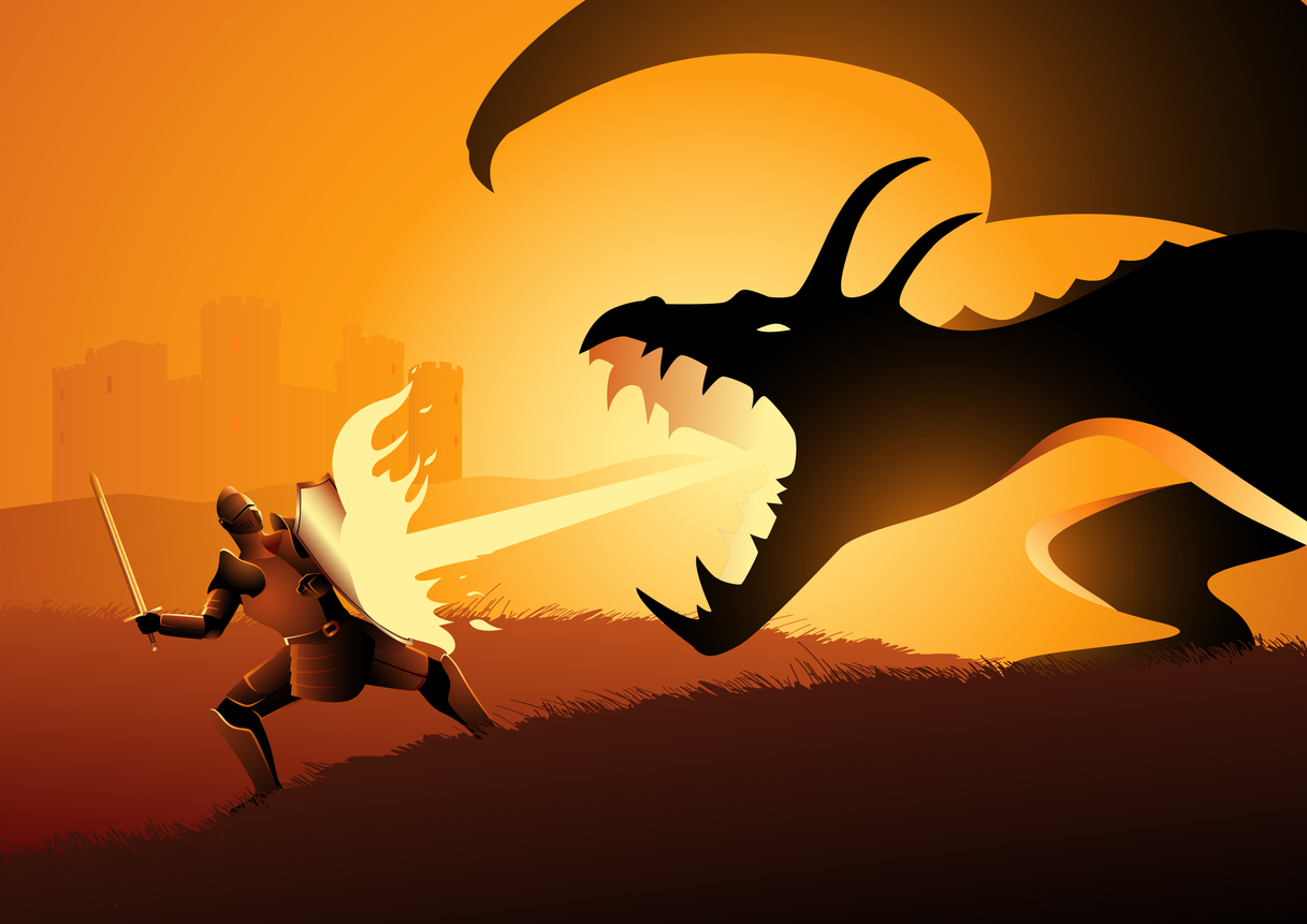 Knight fighting fire-breathing dragon