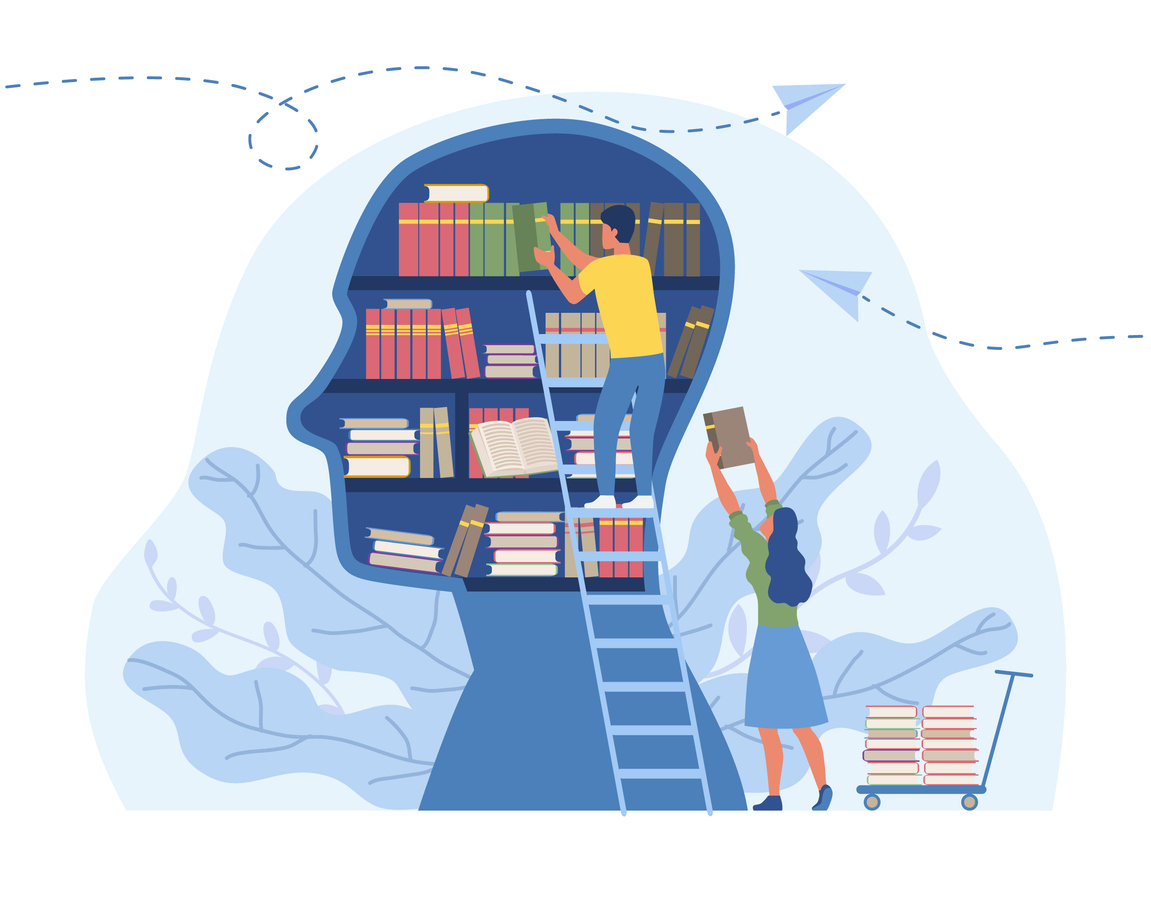 Illustration of human head filled with books