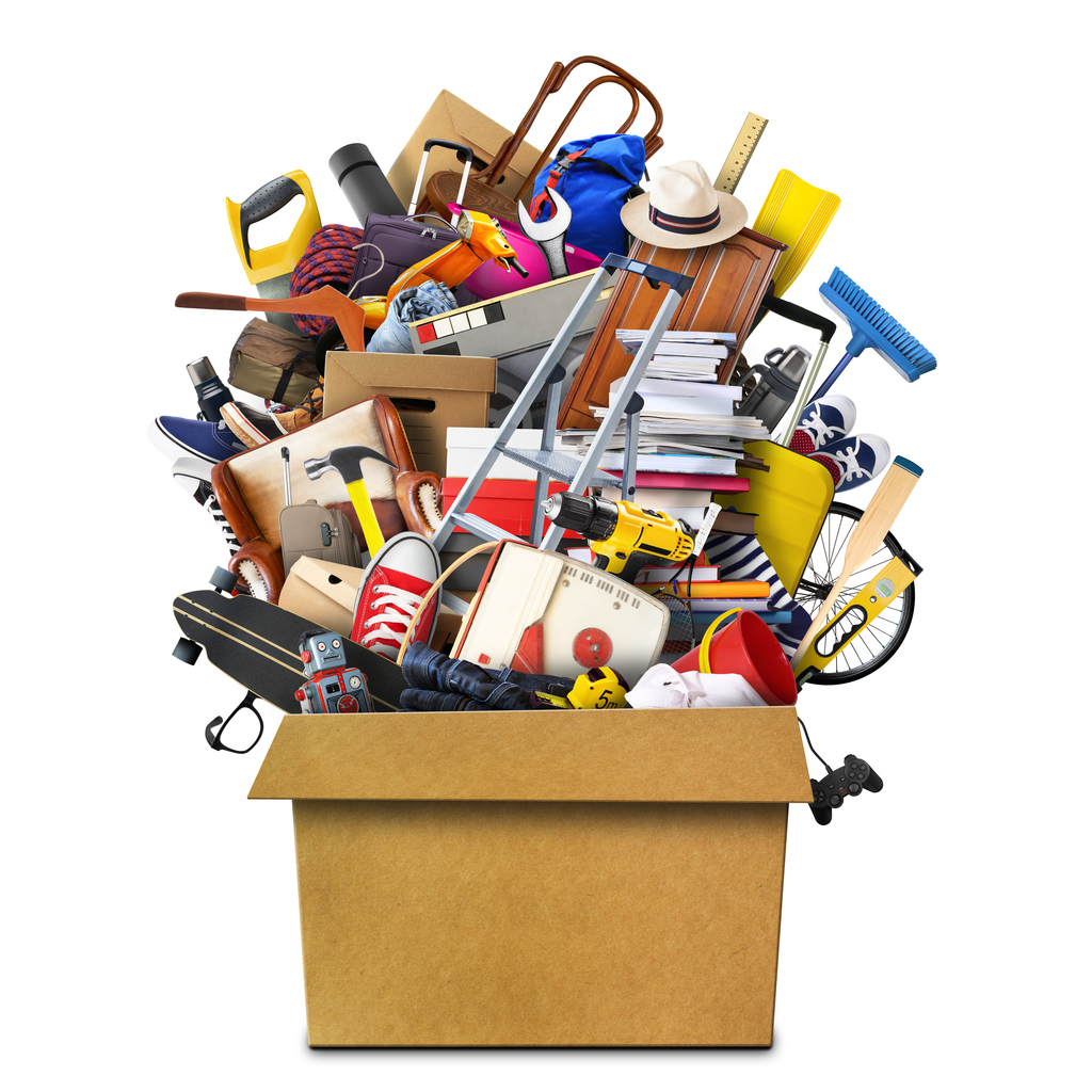 Large pile of household items, all stuffed into a box