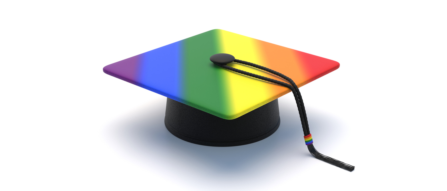 Mortarboard painted in rainbow stripes