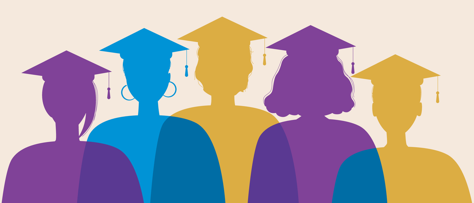 Illustration of graduates, in mortar boards and gowns