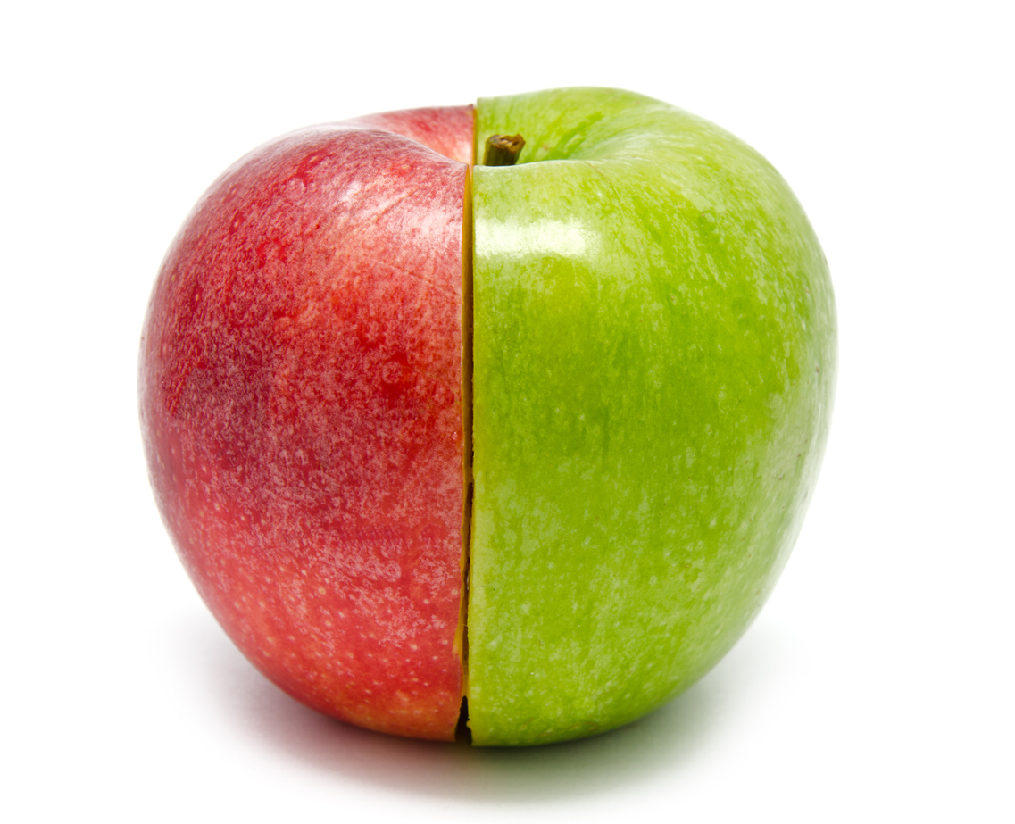 Half a red apple and half a green apple join to become a whole