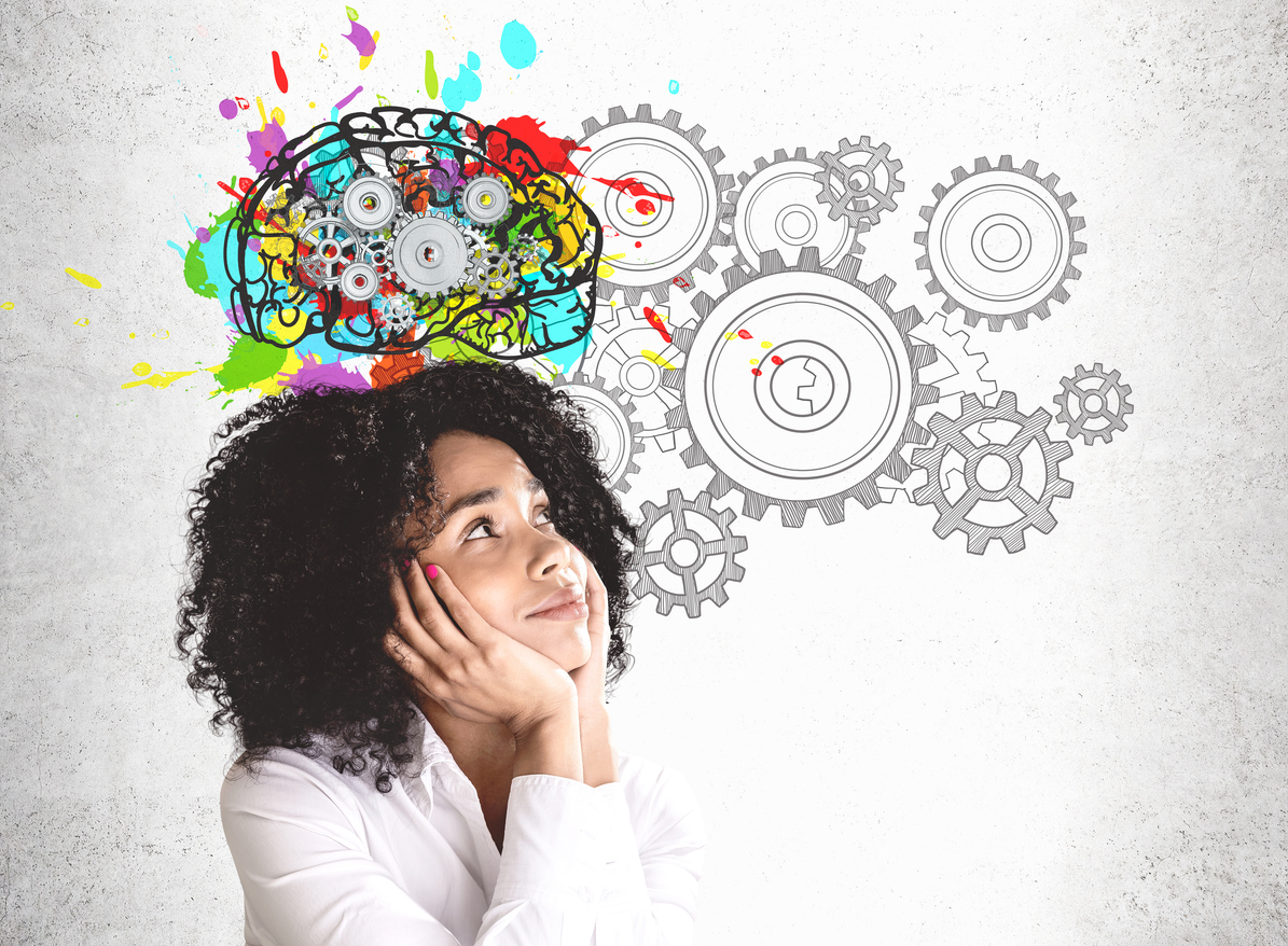 A woman with an image of a brain above her head, with cogs turning