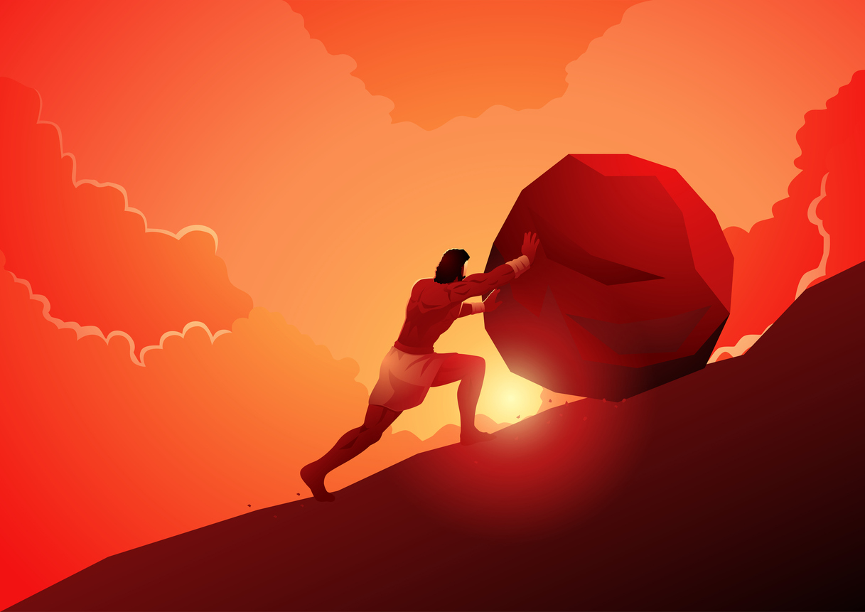 Sisyphus rolling a boulder up a hill