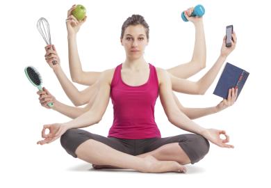 Woman with eight arms, doing several different activities at once