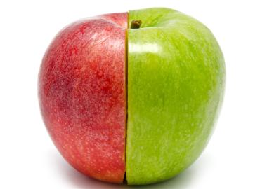 Half a red apple and half a green apple join to become a whole