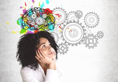 A woman with an image of a brain above her head, with cogs turning