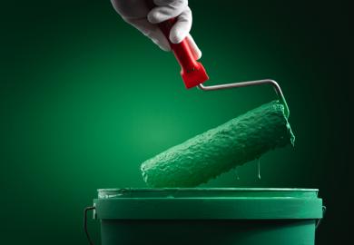 Paint roller dipped in pot of green paint