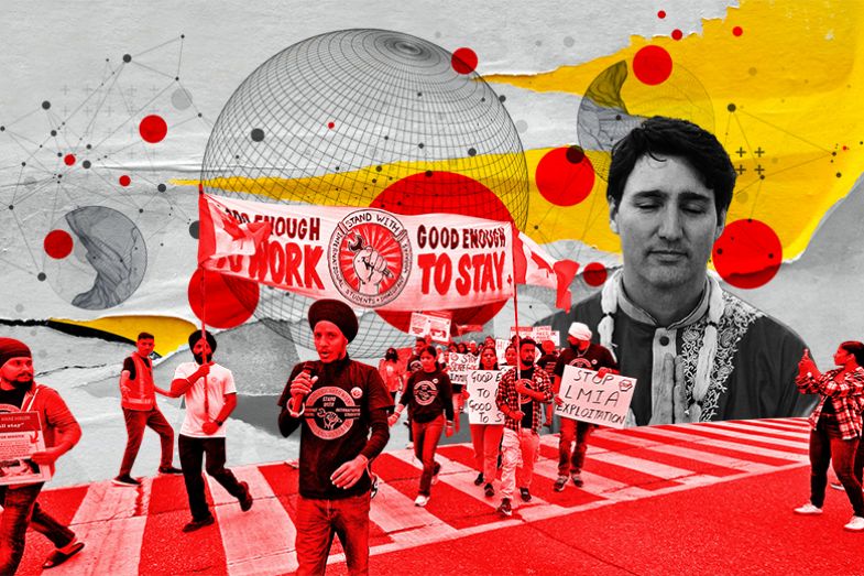 Montage of protest rally at an international students' encampment in Brampton, Canada, 2024 and Trudeau with eyes closed wearing Indian dress. With a torn background and globe. To illustrate Trudeau's damaging approach to immigration.