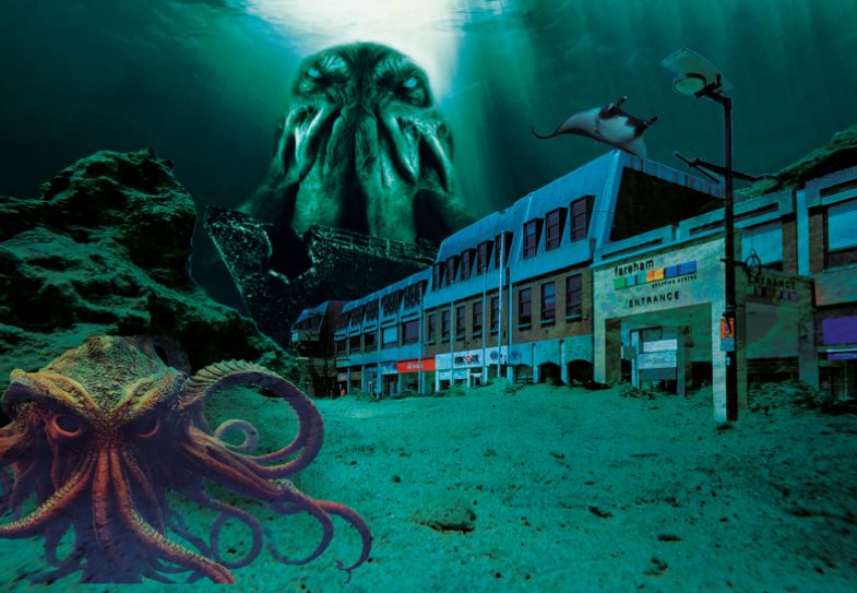Montage of the bottom of the sea with rocks, reef and sea urchins and buildings