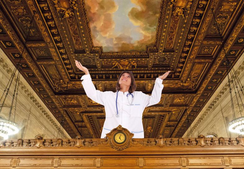 Montage of woman looking at a  Renaissance architectural style ceiling to illustrate A sense of humanity