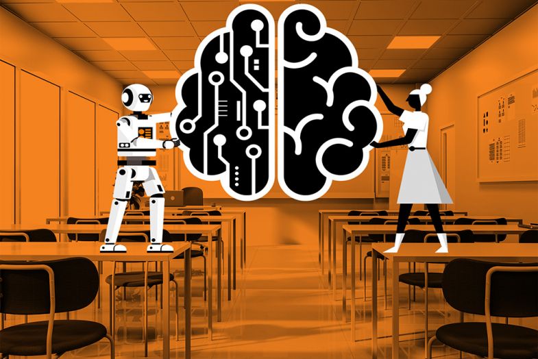 Illustration of student and robot holding brain in classroom. To illustrate how universities should encourage faculty and students to experiment and research ways AI tools can be used to facilitate critical thinking and human agency.