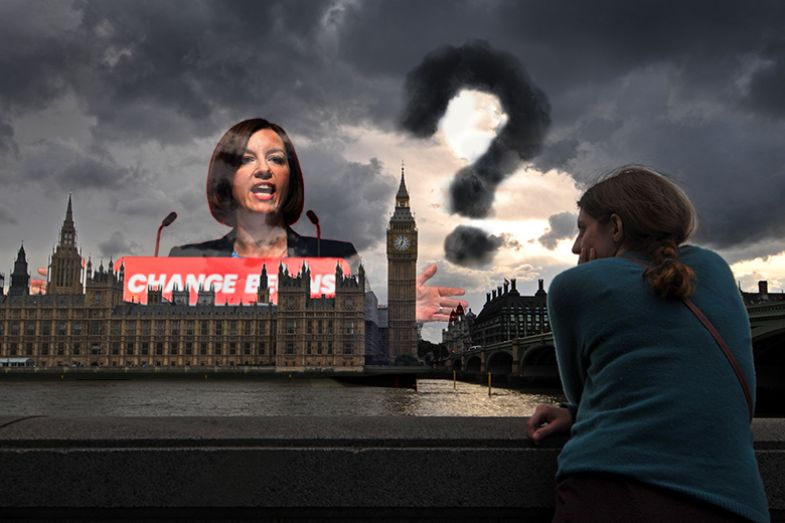 Montage of Bridget Phillipson and the UK Parliament with a question mark in the clouds. To suggest the lack of clarity in what the five government priorities (of equality of opportunity, growth, civic responsibility, teaching quality and efficiency) mean