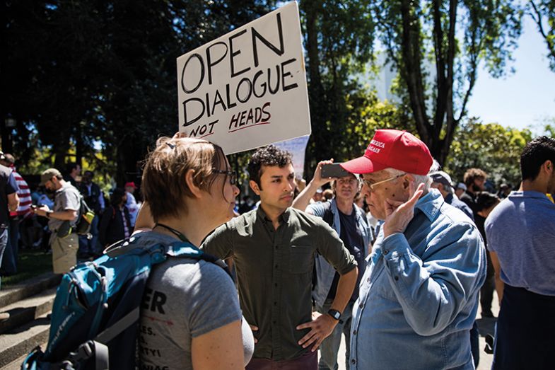 Protesters at a pro-Trump rally in Berkeley, California, on 27 April 2017