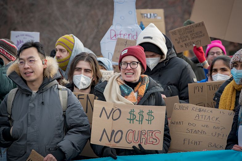 Hundreds of academic workers, elected officials and allies gathered at Washington Square Park in Manhattan for a protest against the Trump administration and the Department of Government Efficiency (Doge) freezing of public funding for science research