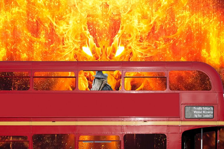 Montage of person wearing a Gandlaf costume on a London bus, with a monster in flames in the background.