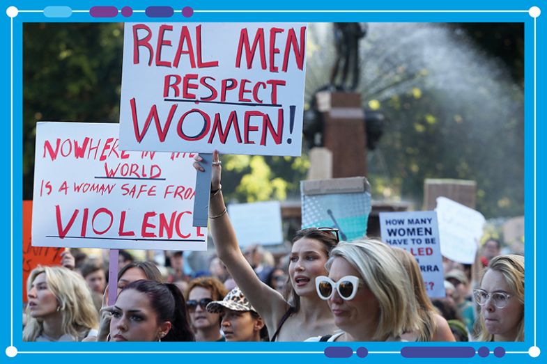 Demonstrators take part in a national rally against violence towards women on April 27, 2024 in Sydney, Australia