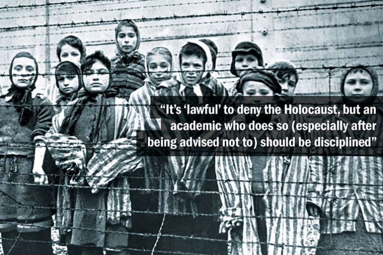 Academic freedom survey 2024. Holocaust. A group of child survivors behind a barbed wire fence at the Nazi concentration camp at Auschwitz-Birkenau in southern Poland, 1945. With quote from survey participant.