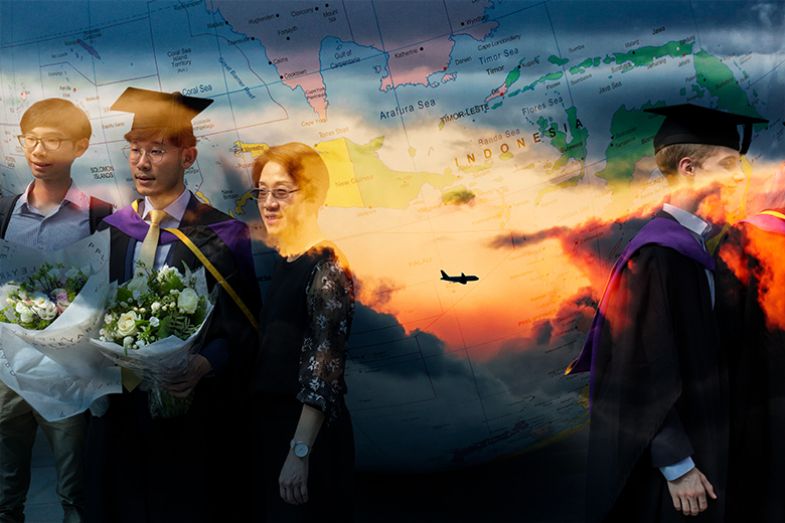 Montage of International students with a map in the background and a plane flying through a break in the clouds. To illustrate whether the ability to recruit international students will improve in 2025.