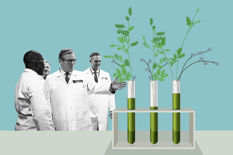 Keir Starmer speaking with researchers and professors during a visit to UCL on 13 January 2025 in London. With added test tubes with plants growing from them. To illustrate the government looking to universities to contribute more to growth.