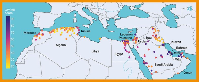 Map showing location and overall score of universities in the Arab university rankings 2023