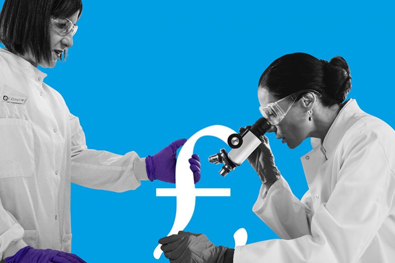 Woman looking in to microscope that is made of a pound sterling symbol, with Rachel Reeves looking to take that microscope. To illustrate that QR funding could diminish given the current government's financial constraints.