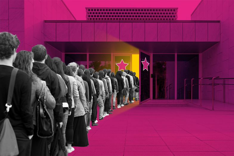 People queue to enter university door with stars on it, illustrating how a strong reputation can attract academics and students to a university.