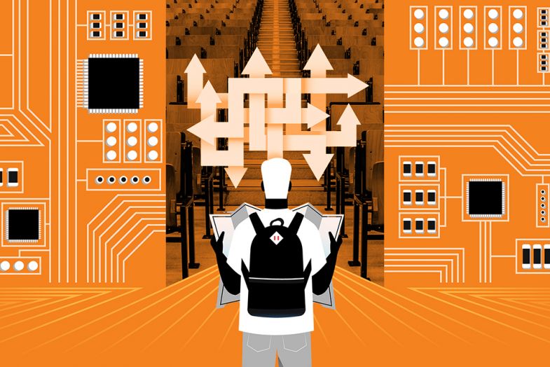 Illustration of student holding map with arrows in various directions and a background of a lecture theatre and circuit board. To illustrate the difficulties faced by students in engaging critically with AI tools