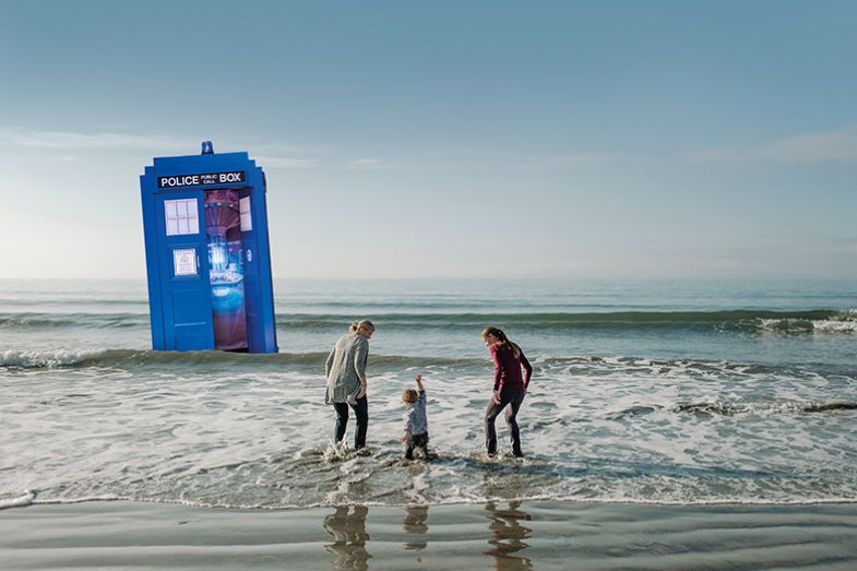 Family at beach near Tardis