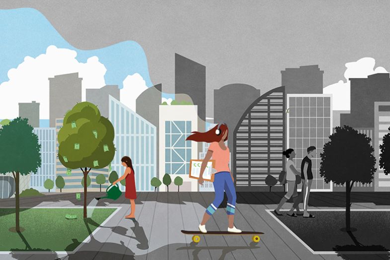 Illustration of a woman skateboarding through a city holding a clipboard