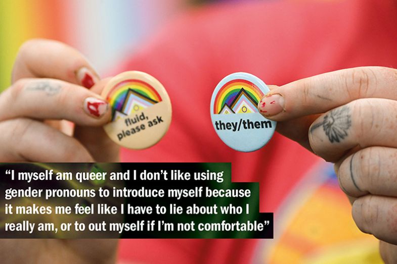 Academic freedom survey 2024. Gender pronoun badges. With quote from survey participant.