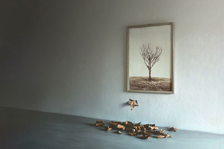 Painting of tree on a wall, with leaves fallen on the ground. Illustrating that reducing the proportion of research activity that is unfunded research poses an existential threat to UK humanities