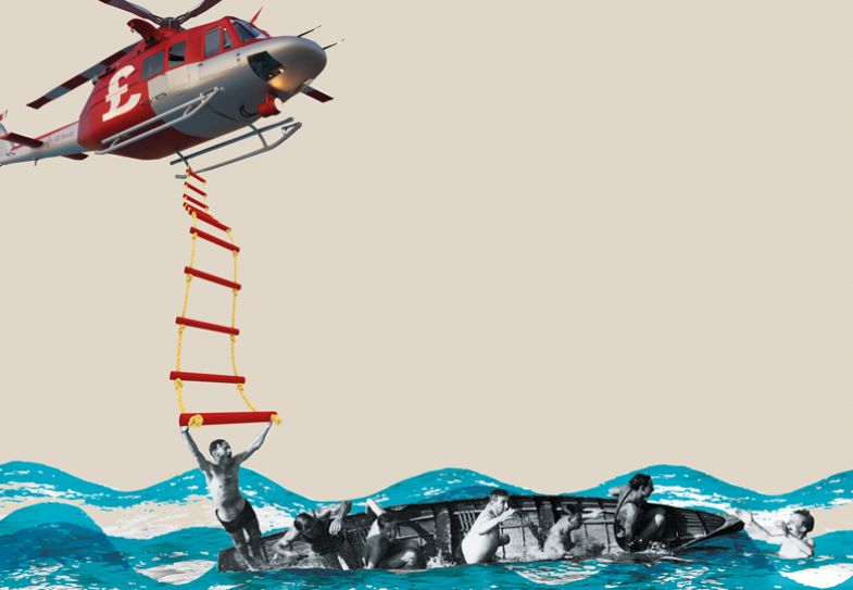 Montage of a sinking boat with a helicopter rescuing the passengers