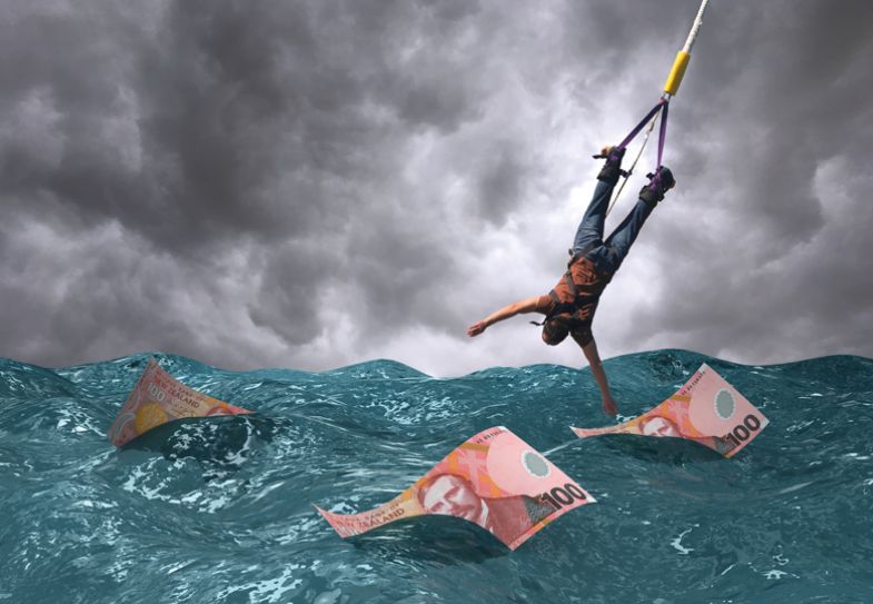 Montage of New Zealand dollar money in the sea with a man swinging on a  bungee
