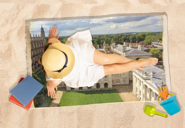 Montage of lady on beach towel with a picture of Cambridge University sitting on sand with books and a bucket and spade to illustrate studying during the summer holidays