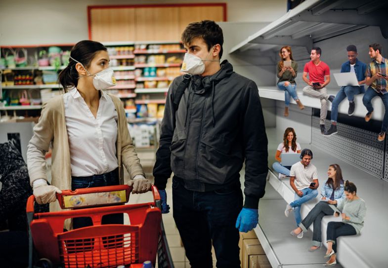 Couple wearing masks and gloves buying groceries/supplies in supermarket with sold out products.Food supplies shortage. People sitting on the shelves.