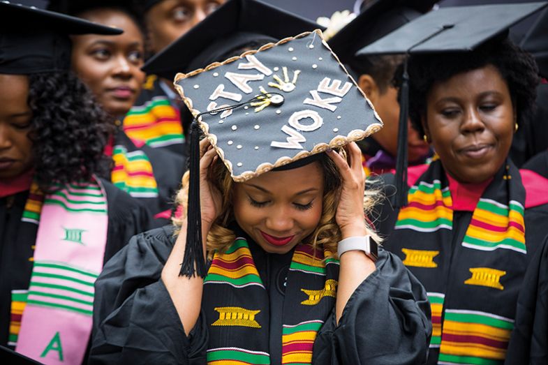 Mortar board with 'Stay woke' slogan