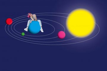 Girl sitting on large ball in shape of planet with other ball looking planets to illustrate Give students the ed ucation they deserve