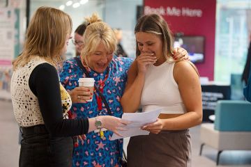 pupils from NPTC Group of Colleges in Neath, South Wales collecting their A-Level Results today, 15 Aug 2024