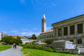Berkeley California,USA. July 25 2021 Doe Memorial Library and Sather Tower at campus of University of California, Berkeley.