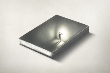 Illustration: a small man inside a book holding a lantern