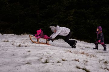 Captured during the New Year holidays in the Beskydy mountain in the north east of the Czech republic, young family is enjoying sledging on partly grassy meadow.