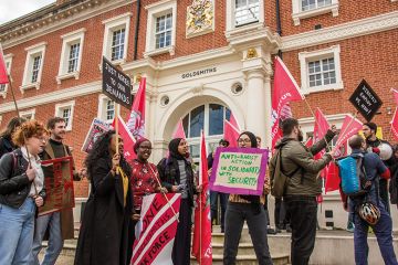 Security Officers and supporters at Goldsmiths College in South London marched through the campus to illustrate Goldsmiths under siege: can a once-radical university survive?