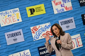 US Vice President and Democratic presidential candidate Kamala Harris speaks to student volunteers during a stop at the Community College of Philadelphia during a voter registration training session, in Philadelphia, Pennsylvania, on September 17, 2024