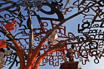 Sculpture made of Hindi and English alphabets