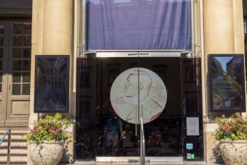 Entrance door to Nobel Prize Museum in Stockholm, Sweden