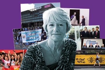 Nancy Rothwell with images behind her including the University of Manchester campus, her portrait, George Osborne, Xi Jinping, Sheik Mansour banner and Chinese students