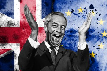 Montage of a gleeful Nigel Farage and a background of the Union Jack and EU flag, to illustrate the 5 year anniversary of Brexit.